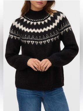 Vero Moda Vivian Fair Isle Sweater XL Black White NWT